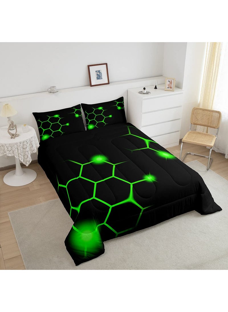 Feelyou Hexagonal Comforter Set Geometric Honeycomb Bedding Set for Kids Adults Neon Green Black Comforter Modern Hexagon Beehive Quilt Set Ultra Soft Room Decor Twin Size Bedroom Collection 2Pcs  - Image 3