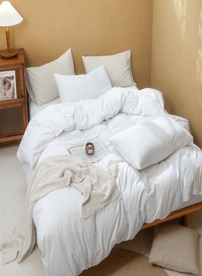 FOSSA Duvet Cover Set 100% Washed Cotton Linen Feel Super Soft Breathable Cozy Simple Style 3 Pieces Bedding Sets Solid Bright White Twin/Twin XL - Image 2