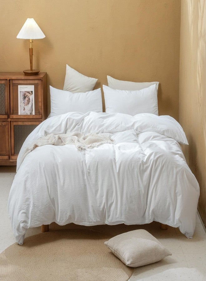 FOSSA Duvet Cover Set 100% Washed Cotton Linen Feel Super Soft Breathable Cozy Simple Style 3 Pieces Bedding Sets Solid Bright White Twin/Twin XL - Image 1