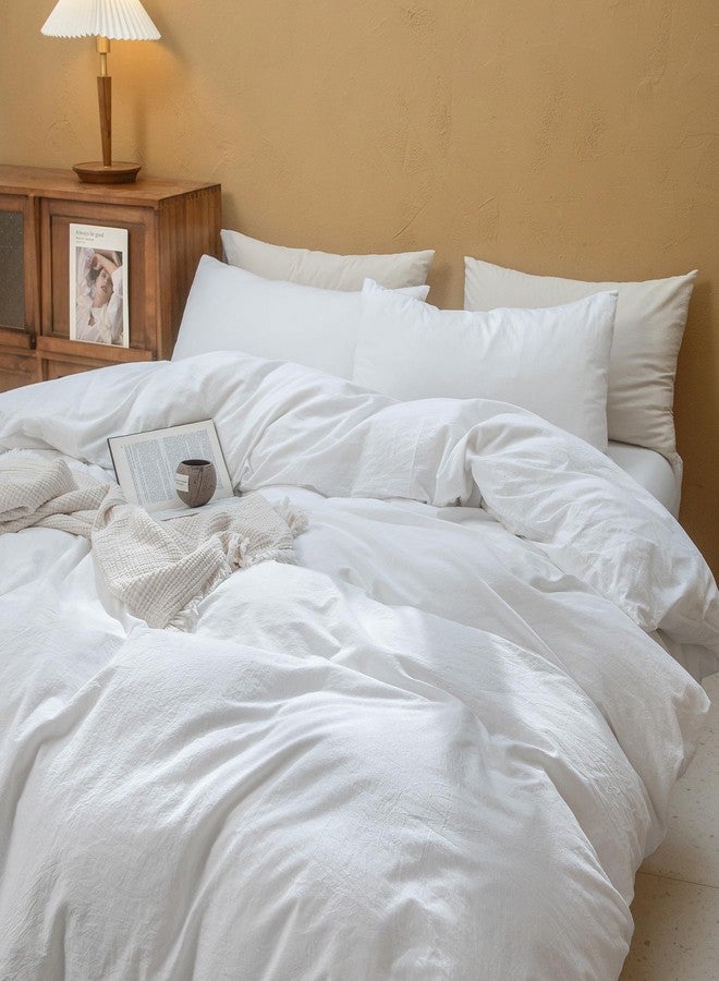 FOSSA Duvet Cover Set 100% Washed Cotton Linen Feel Super Soft Breathable Cozy Simple Style 3 Pieces Bedding Sets Solid Bright White Twin/Twin XL - Image 3
