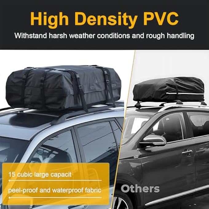 rayihni Car Rooftop Cargo Bag Car Roof Top Carrier Waterproof Heavy Duty 15 Cubic Feet Luggage Box with Reinforced Straps for Travel Touring Road Trips SUV Truck Van Vehicle With/Without Racks - Image 2