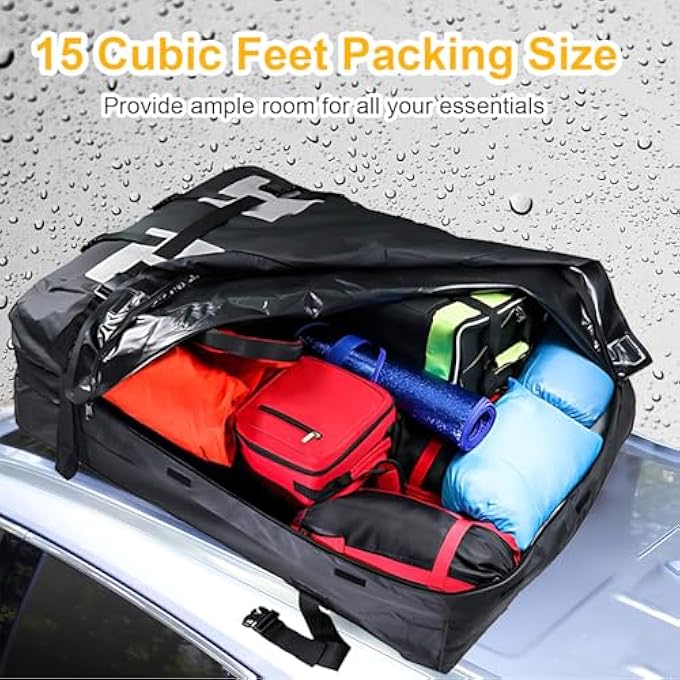 rayihni Car Rooftop Cargo Bag Car Roof Top Carrier Waterproof Heavy Duty 15 Cubic Feet Luggage Box with Reinforced Straps for Travel Touring Road Trips SUV Truck Van Vehicle With/Without Racks - Image 3