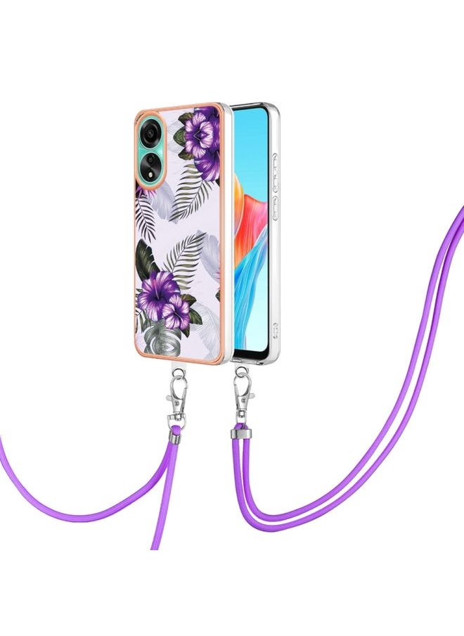 HuHa Case Cover For OPPO A78 4G Electroplating IMD TPU Phone Case with Lanyard Purple Flower 