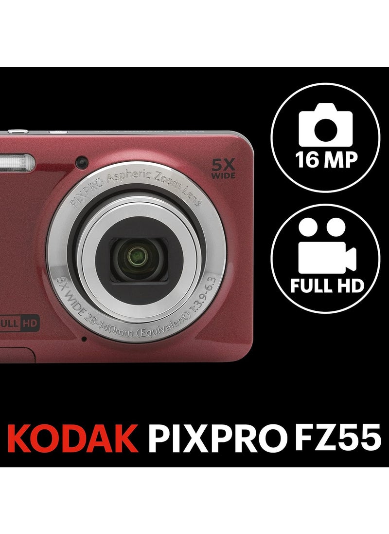 Kodak Co - PIXPRO FZ55-RD 16MP Digital Camera 5X Optical Zoom 28mm Wide Angle 1080P Full HD Video 2.7" LCD Vlogging Camera (Red) - Image 1