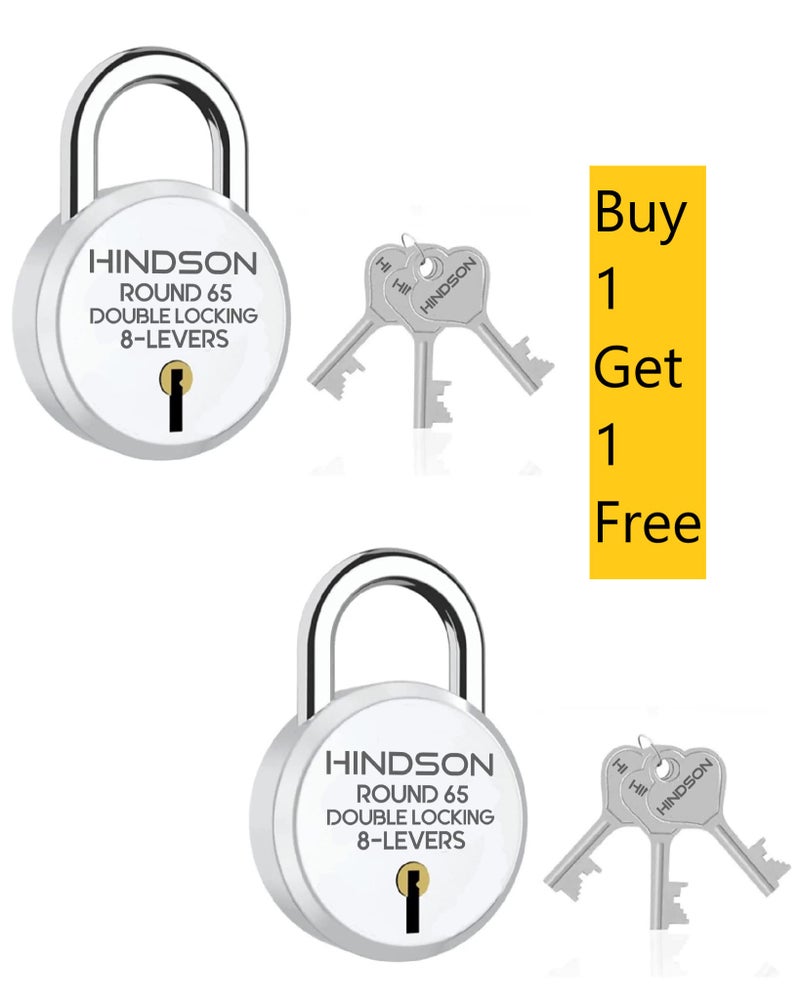 HINDSON Lock Round 65mm with 3 Key,Steel Double Locking, 8 Lever Padlock for Door, Gate, Shutter (Silver Finish, Pack of 2) - Image 2