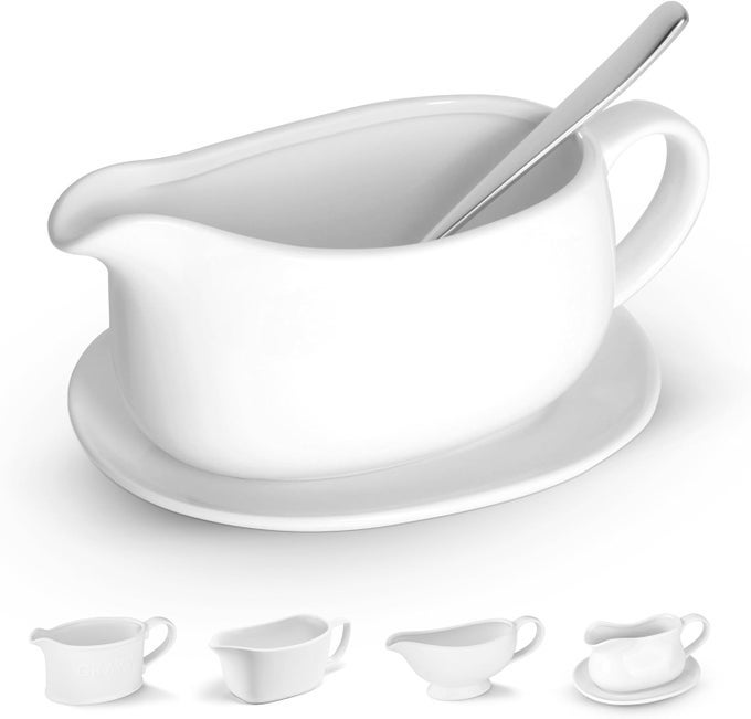 GRAVY BOAT SAUCER CERAMIC SERVING DISH DISPENSER WITH TRAY FOR SAUCES DRESSINGS AND CREAMER LARGE HANDLE MICROWAVE AND DISHWASHER SAFE WHITE 238 OZ GRAVY BOAT WITH SPOON
