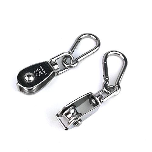 Hamineler 2PCS 304 Stainless Steel Single Pulley Block M15, Wire Rope Crane Pulley Block Hanging Wire Towing Wheel with 2PCS Spring Snap Hook - Image 4