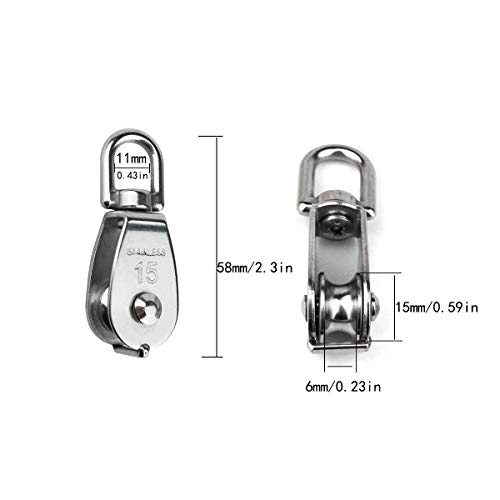 Hamineler 2PCS 304 Stainless Steel Single Pulley Block M15, Wire Rope Crane Pulley Block Hanging Wire Towing Wheel with 2PCS Spring Snap Hook - Image 2
