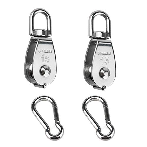 Hamineler 2PCS 304 Stainless Steel Single Pulley Block M15, Wire Rope Crane Pulley Block Hanging Wire Towing Wheel with 2PCS Spring Snap Hook - Image 1