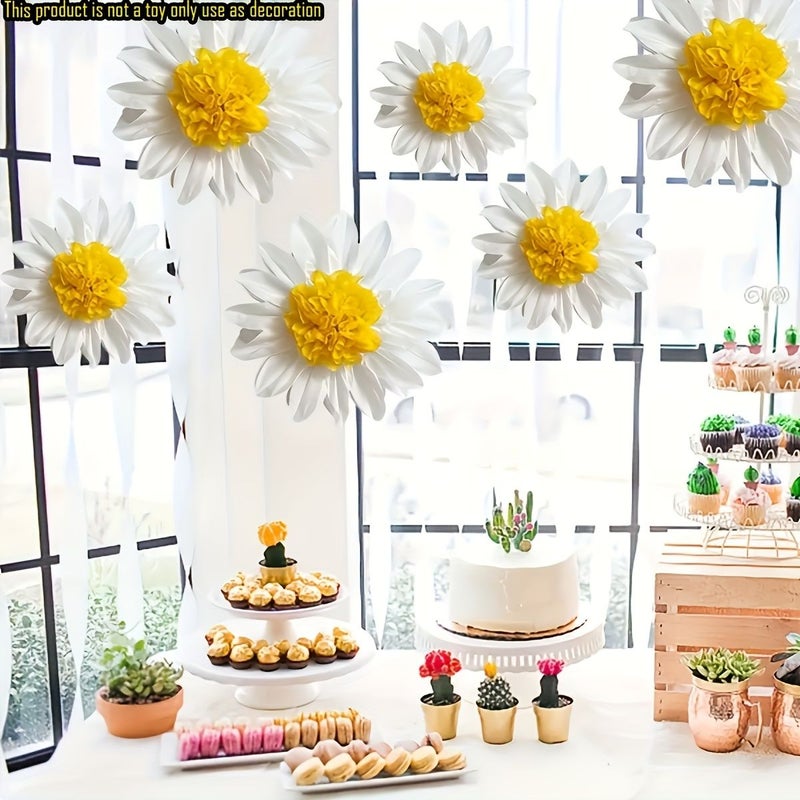 Set Of 6 Daisy Paper Flowers White Yellow For Classroom Decoration Celebratory Occasions - Image 3