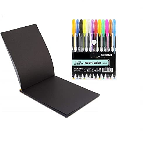 SCHUBERT 1book A5 Size 20 Pages 140 GSM Black Paper Drawing Pad Sketching Book with Hardback for Artists & 12pc Colorful Neon Glitter Gel Ink Pen Set - Image 1