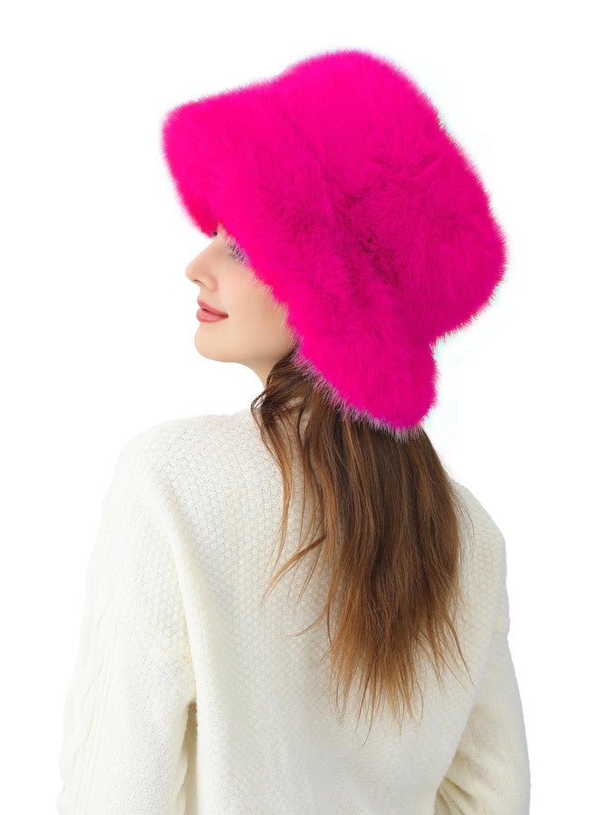 LA CARRIE Women's Fuzzy Wide Brim Faux Fur Bucket Hat Winter Warmer Fisherman Cap, Hot Pink, One size - Image 5