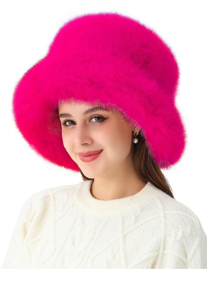 LA CARRIE Women's Fuzzy Wide Brim Faux Fur Bucket Hat Winter Warmer Fisherman Cap, Hot Pink, One size - Image 4