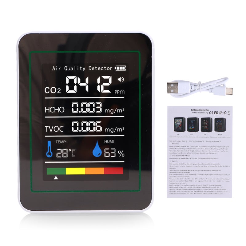 مقياس HCHO 5 في 1، مقياس حرارة ورطوبة محمول بشاشة ملونة للمنزل والمكتب والمركبة، لاكتشاف CO2 وTVOC MT05 أبيض - Image 1