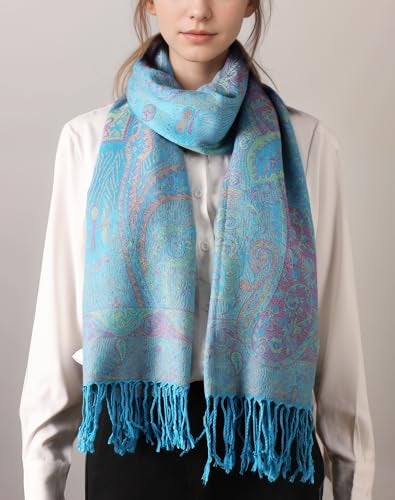 Achillea Soft Silky Reversible Paisley Pashmina Shawl Wrap Scarf w/Fringes (Tapestry Turquoise) - Image 2
