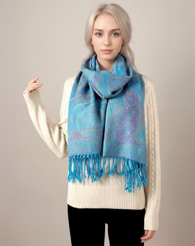 Achillea Soft Silky Reversible Paisley Pashmina Shawl Wrap Scarf w/Fringes (Tapestry Turquoise) - Image 3