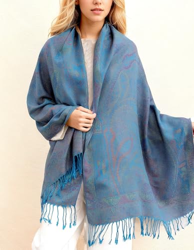 Achillea Soft Silky Reversible Paisley Pashmina Shawl Wrap Scarf w/Fringes (Tapestry Turquoise) - Image 5