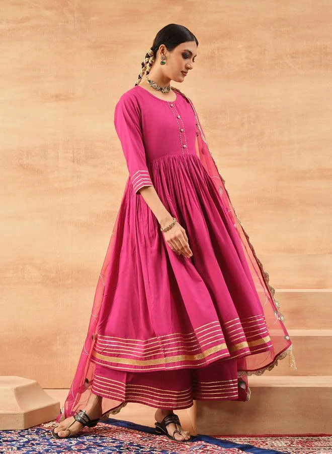 آي شين Women's Pink 100% Cotton Printed Tunic Top With Ankle Palazzo Straight 3 Peice Kurta Set