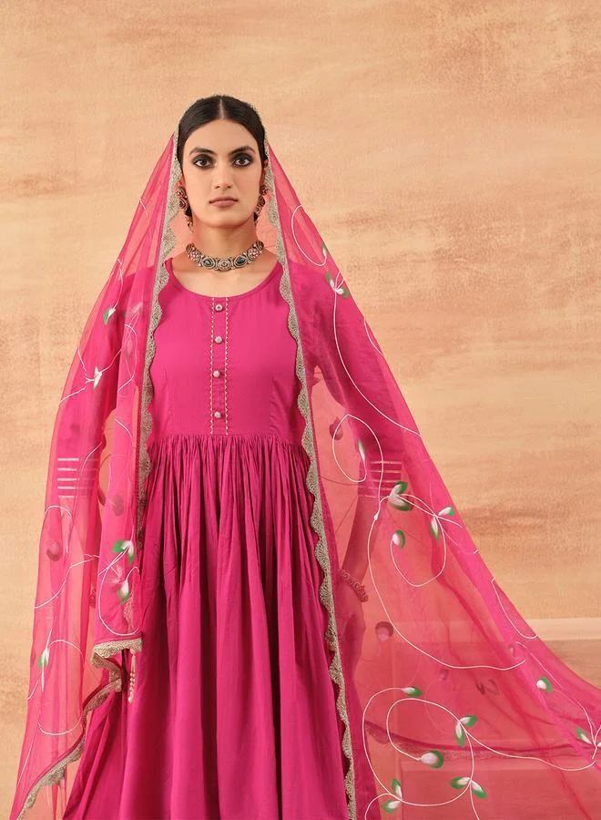 آي شين Women's Pink 100% Cotton Printed Tunic Top With Ankle Palazzo Straight 3 Peice Kurta Set