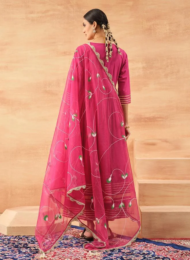 آي شين Women's Pink 100% Cotton Printed Tunic Top With Ankle Palazzo Straight 3 Peice Kurta Set