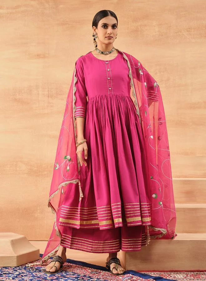آي شين Women's Pink 100% Cotton Printed Tunic Top With Ankle Palazzo Straight 3 Peice Kurta Set