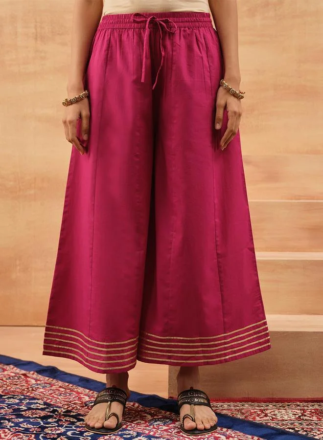 آي شين Women's Pink 100% Cotton Printed Tunic Top With Ankle Palazzo Straight 3 Peice Kurta Set