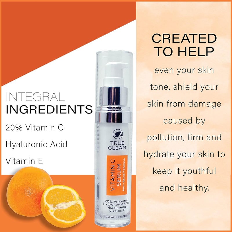 TRUEGLEAM Vitamin C Serum for Face AntiAging Skin Care Moisturizing Serum Brightens Skin with 20 Vitamin C Hyaluronic Acid Vitamin E Niacinimide and Tea Tree Oil - Image 4