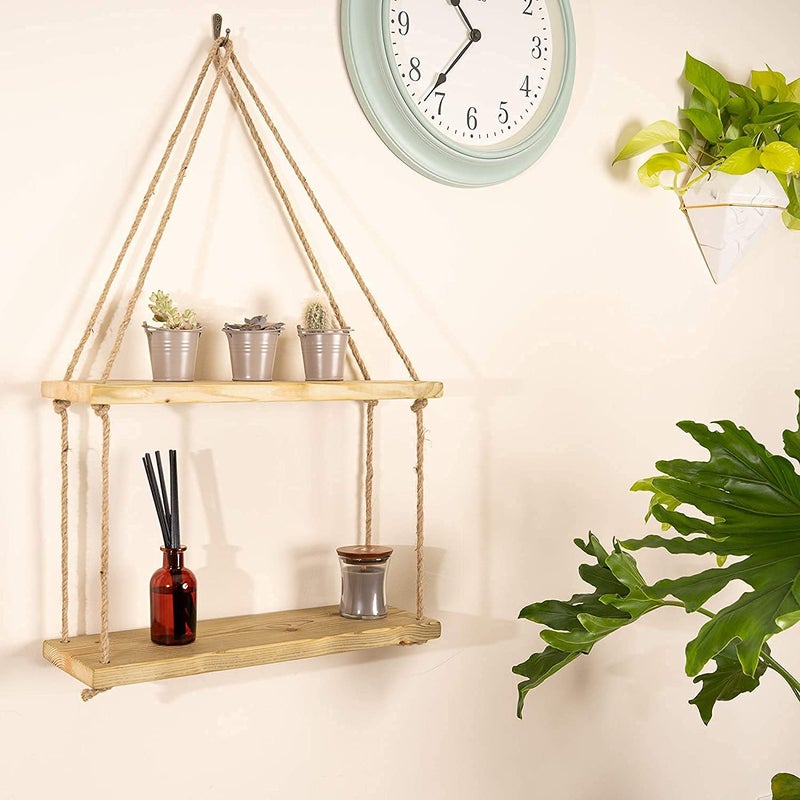 SHREE HANS FASHION SHREE HANS FASHION Real Pine Wood Floating Shelves Hanging Swing Rope Shelves Rustic Wall Decor Swing Shelf Wall Shelves for Living Room Home Office Decor 15x5 Inch 2 Tier - Image 3