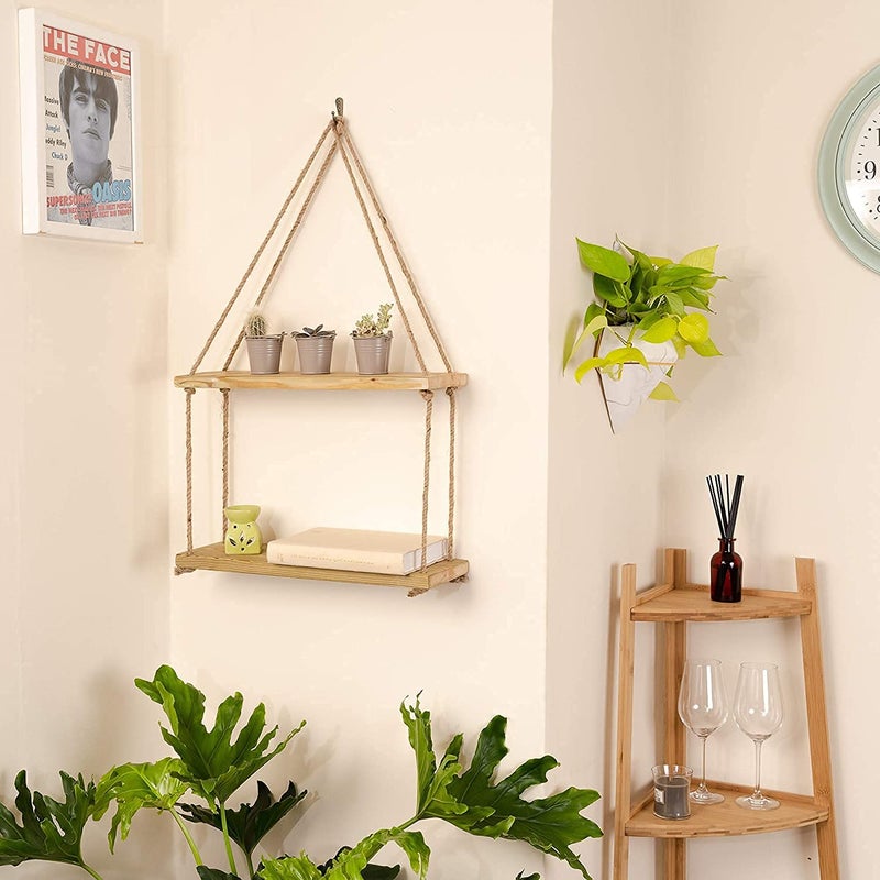 SHREE HANS FASHION SHREE HANS FASHION Real Pine Wood Floating Shelves Hanging Swing Rope Shelves Rustic Wall Decor Swing Shelf Wall Shelves for Living Room Home Office Decor 15x5 Inch 2 Tier - Image 1