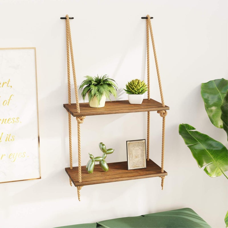 SHREE HANS FASHION SHREE HANS FASHION Real Pine Wood Floating Shelves Hanging Swing Rope Shelves Rustic Wall Decor Swing Shelf Wall Shelves for Living Room Home Office Decor 15x5 Inch 2 Tier - Image 5