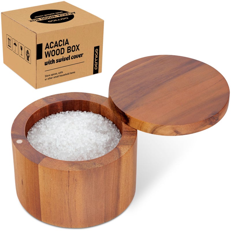 DEMIGO Acacia Salt Cellar 9 Ounces Capacity, Wood Salt & Spice Box With Swivel Cover, Salt Keeper, Wood Jar For Kitchen, Perfect For Keeping Table Salt, Gourmet Salts, Herbs or Favorite Seasonings - Image 1
