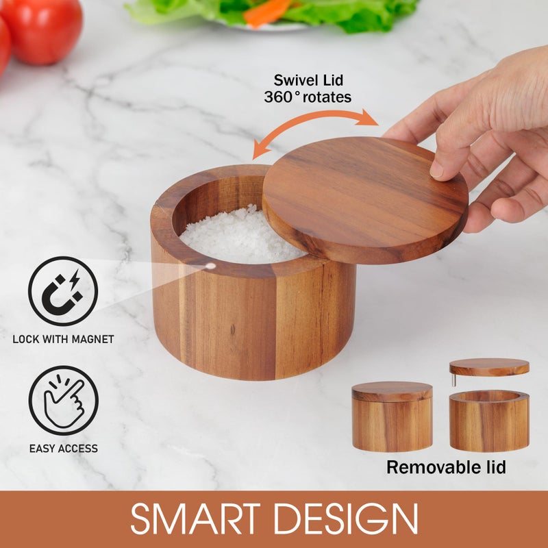 DEMIGO Acacia Salt Cellar 9 Ounces Capacity, Wood Salt & Spice Box With Swivel Cover, Salt Keeper, Wood Jar For Kitchen, Perfect For Keeping Table Salt, Gourmet Salts, Herbs or Favorite Seasonings - Image 3