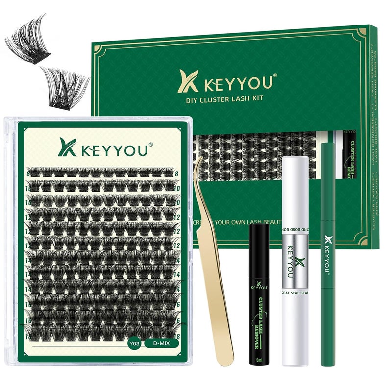 طقم تمديد الرموش DIY KEYYOU 144 قطعة مجموعات رموش تمديد مع فرشاة ماسكارا لاصق ومزيل لاصق رموش أدوات تطبيق الرموش فرشاة رموش وسادة تنظيف لطقم تمديد الرموش DIY (طقم Y03)