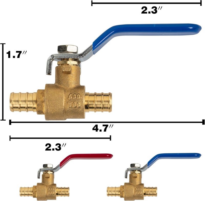 Hourleey 10 Pieces 1/2 Inch Pex Brass Full Port Shut Off Ball Valve HOT AND COLD, Quarter Turn HOT (RED) COLD (BLUE) of Brass Water Stop Shutt off - Image 4