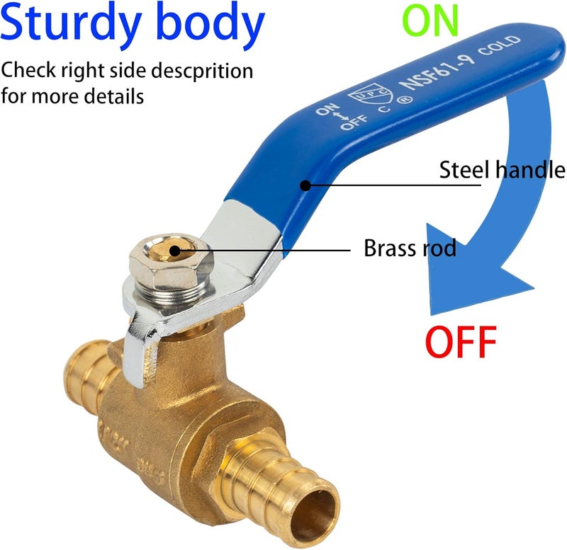 Hourleey 10 Pieces 1/2 Inch Pex Brass Full Port Shut Off Ball Valve HOT AND COLD, Quarter Turn HOT (RED) COLD (BLUE) of Brass Water Stop Shutt off - Image 3