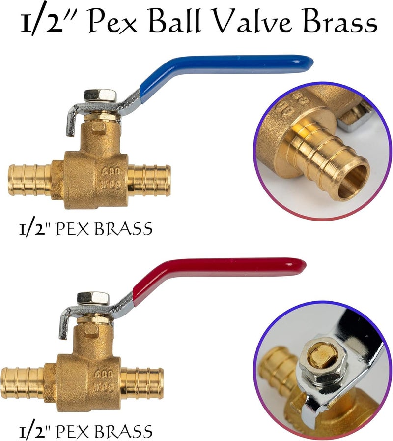 Hourleey 10 Pieces 1/2 Inch Pex Brass Full Port Shut Off Ball Valve HOT AND COLD, Quarter Turn HOT (RED) COLD (BLUE) of Brass Water Stop Shutt off - Image 5