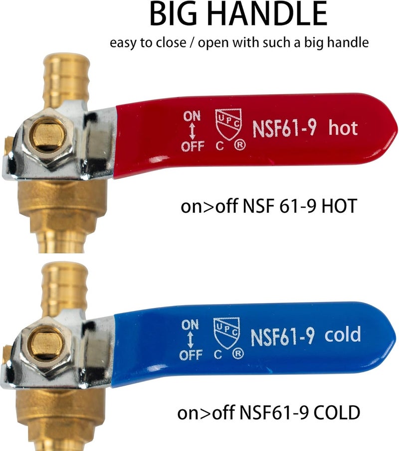 Hourleey 10 Pieces 1/2 Inch Pex Brass Full Port Shut Off Ball Valve HOT AND COLD, Quarter Turn HOT (RED) COLD (BLUE) of Brass Water Stop Shutt off - Image 2