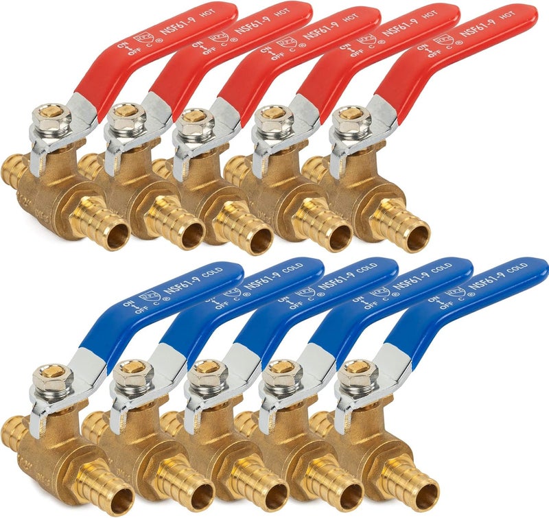 Hourleey 10 Pieces 1/2 Inch Pex Brass Full Port Shut Off Ball Valve HOT AND COLD, Quarter Turn HOT (RED) COLD (BLUE) of Brass Water Stop Shutt off - Image 1