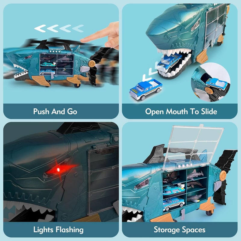 Grarain Shark Toys with led, Music Ocean Animals Toys, Shark Truck Toys with 2pcs Toy Trucks, 2pcs Shark Cars,18pcs sea Animal Toys for 3+ Year Old Kids - Image 4
