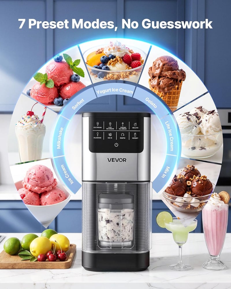 VEVOR Ice cream maker, 7-in-1 frozen treat maker for gelato, sorbet, milkshake, frozen yogurt & lite ice cream, homemade ice cream maker with one-touch mixin + respin for a smooth, creamy texture - Image 2