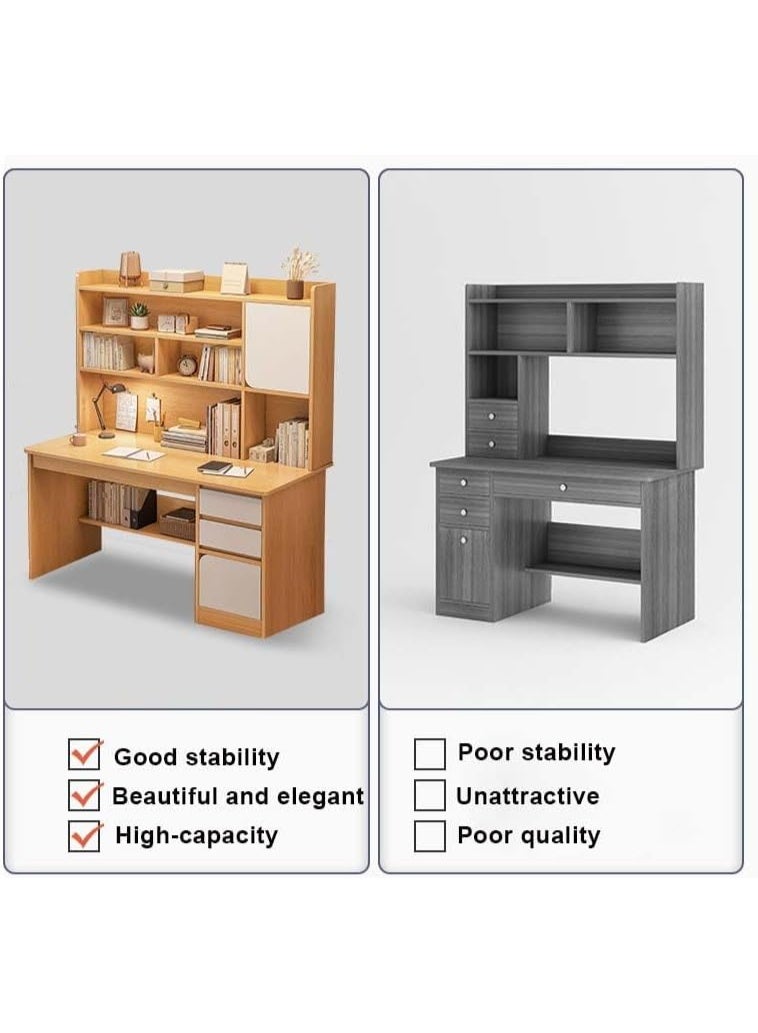 VUCATIN Computer Study Desk with Bookshelf, Home Office Desk with Storage and Shelf, Study Writing Drawing Table, Wooden Computer Desk with Drawers (100x45x162CM) - Image 5