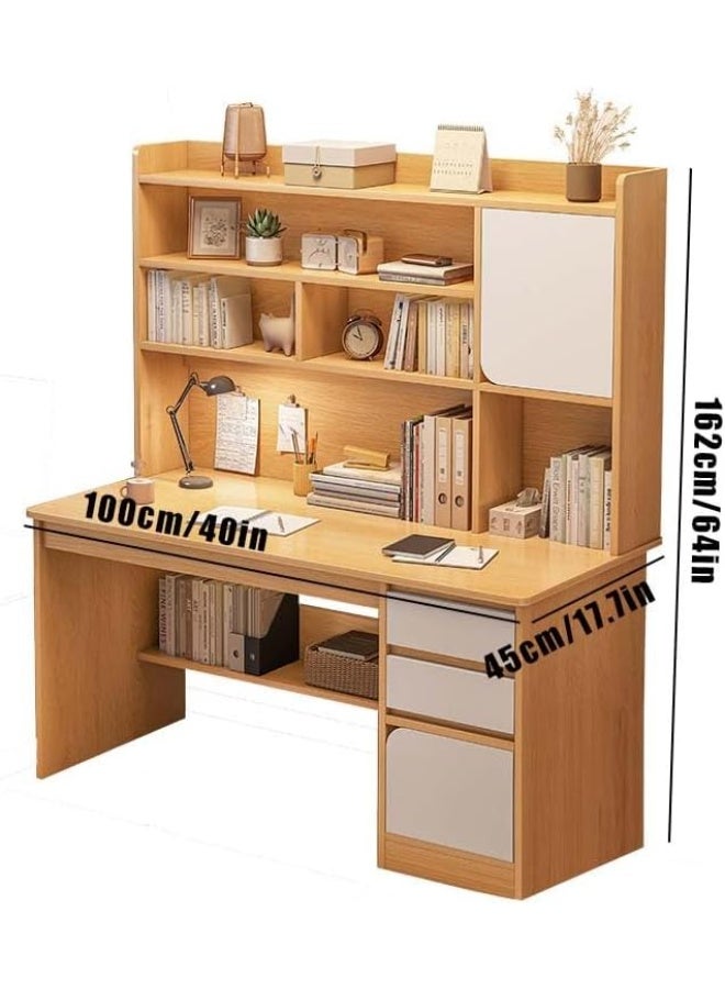 VUCATIN Computer Study Desk with Bookshelf, Home Office Desk with Storage and Shelf, Study Writing Drawing Table, Wooden Computer Desk with Drawers (100x45x162CM) - Image 2
