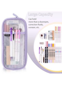 EASTHILL Grid Mesh Pen Pencil Case With Zipper Clear Makeup Color Pouch Cosmetics Bag Multi Purpose Travel School Teen Girls Transparent Stationary Bag Office Organizer Box For Adluts(Purple)  - Image 4