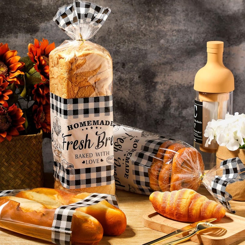 Containlol 50 Pack Bread Bags for Homemade Bread with Twist Ties Clear Plastic Bakery Bags with Black Buffalo Plaid Design for Sourdough Cookies Rolls Home Bakers Gift Packaging - Image 3