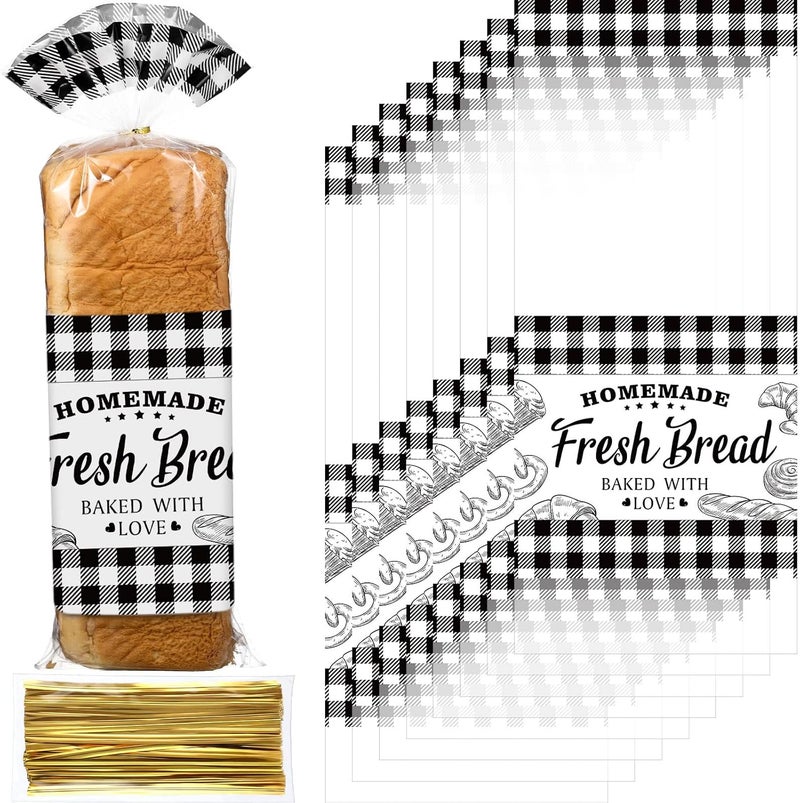 Containlol 50 Pack Bread Bags for Homemade Bread with Twist Ties Clear Plastic Bakery Bags with Black Buffalo Plaid Design for Sourdough Cookies Rolls Home Bakers Gift Packaging - Image 1