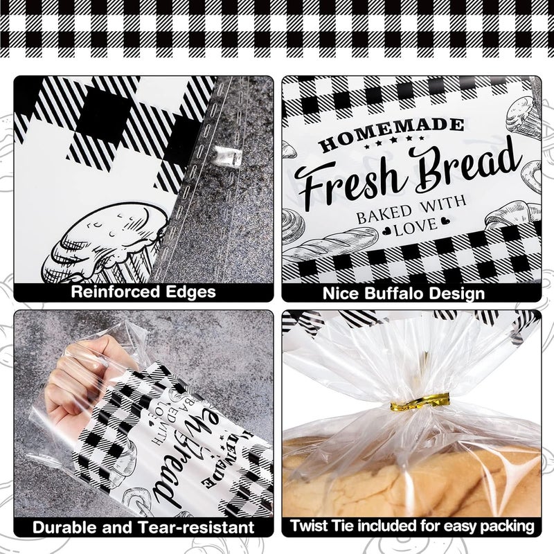 Containlol 50 Pack Bread Bags for Homemade Bread with Twist Ties Clear Plastic Bakery Bags with Black Buffalo Plaid Design for Sourdough Cookies Rolls Home Bakers Gift Packaging - Image 4