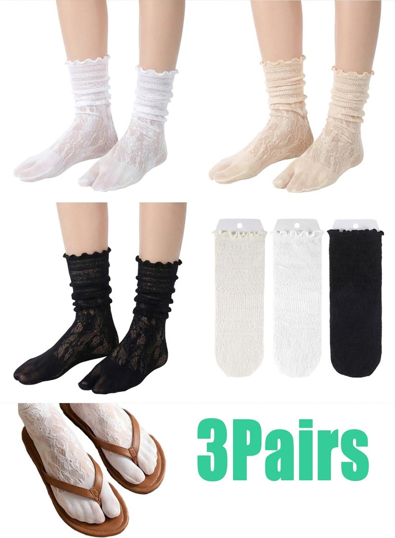 3 Pairs Unisex Lace Tabi Socks, Frilly Ruffle Split Two Toe Socks Fashion Separated Toe Socks for Sports, Casual Daily Wear for Men and Women - Image 1