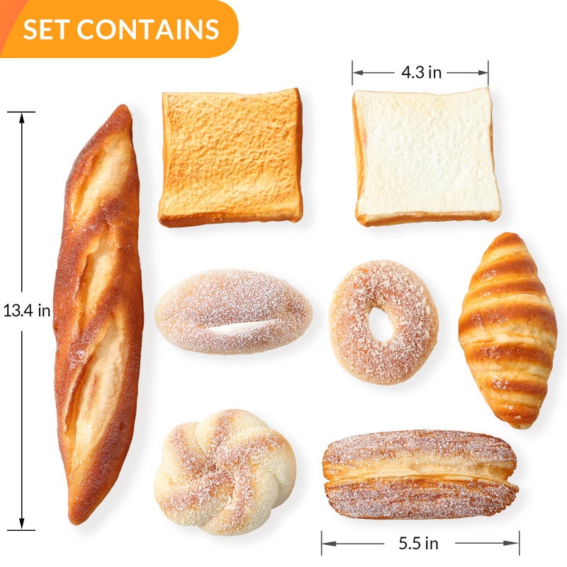 Joeabor 8pcs Artificial Bread Set, Realistic Fake Food for Display, Fake Bread for Decoration, Faux Food Props, Includes Faux Croissant, Dessert, Baguette and Toast - Image 2