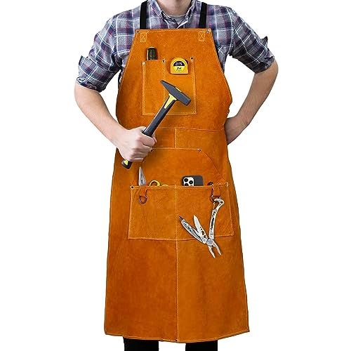 Houseables Leather Apron Welding Apron For Men Blacksmith Work Bib Heat Resistant Welder Gear Forging Woodworking Wood Metal Working Blacksmithing Shop Clothing Flame Resistant 24 x 42 - Image 1