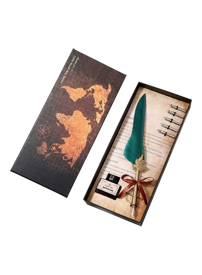 NIBEMINENT 7-Piece Quill Pen And Ink Set Green/Gold/Red